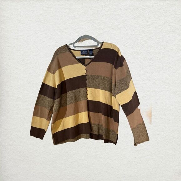 VTG Crazy Horse Liz Claiborne Earthy Boho Chic Colorblock Striped Sweater 2 XXL - Picture 2 of 9